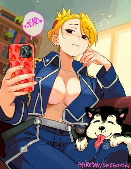 1girls black_hayate blonde_hair blush breasts canine cleavage female fullmetal_alchemist fullmetal_alchemist_brotherhood holding_phone indoors jacket large_breasts military military_jacket military_uniform no_bra no_shirt open_clothes open_jacket red_eyes riza_hawkeye selfie sexting short_hair sitting smartphone snegovski solo