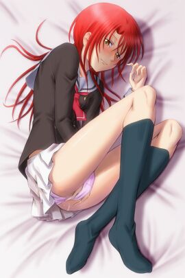 bed_sheet black_shirt black_socks blush bonnie_(rsg) brown_eyes closed_mouth commentary_request female female_masturbation from_above full_body hand_in_own_panties hand_in_panties hino_kahoko knee_socks kneehighs kneesocks la_corda_d'oro long_hair looking_at_viewer lying masturbation miniskirt neckerchief on_side panties pink_panties pleated_skirt pussy pussy_juice red_hair red_neckerchief sailor_collar sailor_shirt school_uniform serafuku shirt skirt smile socks solo underwear white_sailor_collar white_skirt