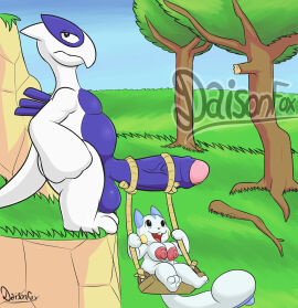 absurd_res anthro avian balls big_balls big_penis branch breasts daison_the_fox duo female foreskin generation_2_pokemon generation_4_pokemon genitals grass hi_res huge_cock larger_male legendary_pokemon lugia male male/female mammal nintendo nipples pachirisu penis penis_hanging plant pokemon pokemon_(species) rodent rope size_difference slightly_chubby slightly_chubby_male smaller_female standing swing tree uncircumcised