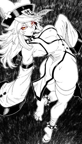 ass back_view big_ass big_butt boob_window breasts clothing covering_breasts feet female female_focus female_only guilty_gear guilty_gear_strive hair headwear high_angle_view jiangshi jiangshi_costume legwear long_sleeves looking_at_viewer looking_back medium_breasts partially_clothed ramlethal_valentine restricted_palette solo spiked_collar spiked_leg_bracelet thick_thighs thighs websake