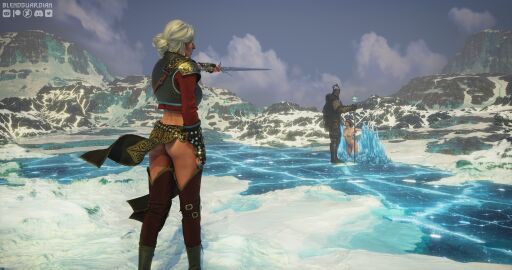 1boy 2girls 3d ass blendguardian breasts captured caranthir cerys_an_craite ciri completely_nude defeated defeated_heroine female green_eyes light-skinned_female light_skin male nipples nude red_hair scar sword the_witcher_(series) the_witcher_3:_wild_hunt white_hair wild_hunt
