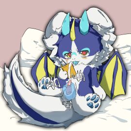 bed blue_body blue_wings caluo dragon duo furniture genitals kemono male male/male mythological_creature mythological_scalie mythology penis scalie wings yellow_wings