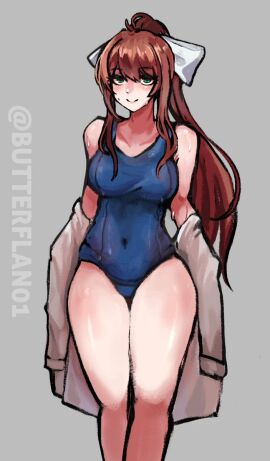 1girls artist_name bare_shoulders breasts butterflan01 doki_doki_literature_club female female_focus female_only green_eyes long_hair monika_(doki_doki_literature_club) navel navel_visible_through_clothes one-piece_swimsuit school_swimsuit solo solo_female solo_focus sukumizu swimsuit swimwear thighs twitter_username white_bow