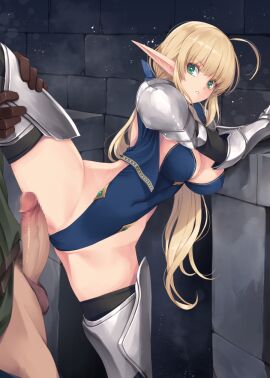 1boy ahoge blonde_hair blue_leotard breasts brown_gloves censored commentary_request elf female gauntlets gem gloves green_eyes green_gemstone highleg highleg_leotard indoors kirishima_satoshi large_breasts leotard long_hair long_pointy_ears male male_pubic_hair mosaic_censoring original penis pointy_ears pubic_hair solo_focus split spread_legs standing standing_on_one_leg standing_split stone_wall straight