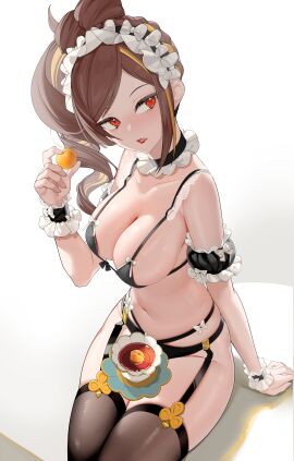 between_legs breasts chiori_(genshin_impact) female female_only garter_belt garter_straps genshin_impact large_breasts lipstick looking_back looking_to_the_side maid_bikini maid_uniform sitting tangerine_(fruit) teacup thick_thighs wide_hips
