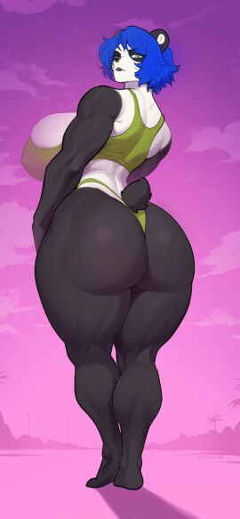 absurd_res anthro ass athletic athletic_anthro athletic_female bear big_breasts big_butt black_body black_fur blue_hair bottomwear breasts clothed clothing facial_piercing female full-length_portrait fur giant_panda green_eyes hair hi_res huge_breasts huge_butt looking_at_viewer looking_back mammal nose_piercing piercing portrait septum_piercing solo standing thick_thighs topwear wetsealky white_body white_fur