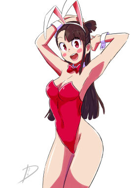 1girls 2019 akko_kagari bare_shoulders blush bow_tie bowtie brown_hair bunny_ears bunnysuit deanialsart eyebrows_visible_through_hair eyes fanart female female_focus female_only light-skinned_female light_skin little_witch_academia long_hair open_eyes open_mouth pale-skinned_female pale_skin ponytail red_eyes shiny_skin studio_trigger twitter white_background