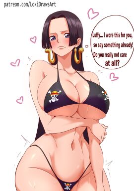 1girls bare_arms bare_legs bare_shoulders bare_thighs big_breasts bikini bikini_bottom bikini_top black-haired_female black_hair blue_eyes blush boa_hancock breasts clothed clothing color english_text female female_focus female_only hi_res jewelry large_breasts light-skinned_female light_skin lokidrawsart long_hair looking_at_viewer monkey_d_luffy one_piece shounen_jump solo solo_female tagme text text_bubble thick_thighs