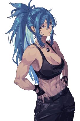 1girls abs bare_shoulders belt black_pants black_tank_top blue_eyes blue_hair breasts cleavage crop_top dog_tags female female_only fingerless_gloves gloves hands_on_own_hips highres king_of_fighters large_breasts leona_heidern long_hair midriff muscular muscular_female navel pants ponytail rasetsu sleeveless soldier solo tank_top