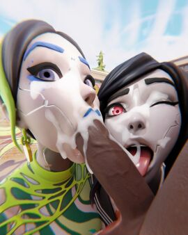 1boy 2girls 3d 3d_(artwork) blowjob blue_eyes collaborative_fellatio cum cum_on_face dark-skinned_male dark_skin designer_tsuki fellatio female fortnite fortnite:_battle_royale highres jtopau licking licking_penis lipstick male multicolored_hair nude nude_male one_eye_closed penis red_eyes robot robot_girl teamwork tsuki_(fortnite)