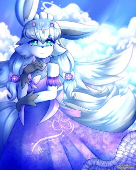 1girls anthro anthro_only bow cloud cloudy_sky dress ear eeveelution exposed_shoulders female female_only flowers_in_hair generation_4_pokemon glaceon green_eyes halo laiba_(starlightnexus) long_dress pokemon pokemon_(species) purple_dress sky starletnexus starlight_nexus tail wings