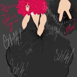 1girls ass big_penis black_dress butt_digging curly_hair digging_up_in_they_ass dress english_text female fingers glitch_productions huge_ass itching large_ass male moan moaning no_background penis ragatha_(pub_outfit) ragatha_(the_amazing_digital_circus) red_hair scratching sound_effects talking text the_amazing_digital_circus toxundercover wet