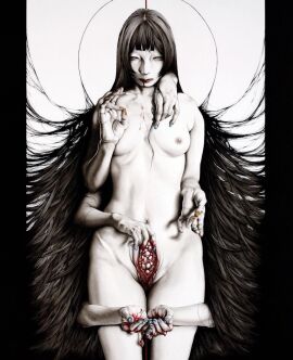 black_hair bleeding blood_on_hands blue_nails breasts commentary completely_nude english_commentary expressionless female gore grey_eyes guro hair_spread_out highres injury long_hair meimaro nipples nude original painting_(medium) pale_skin small_breasts solo traditional_media very_long_hair