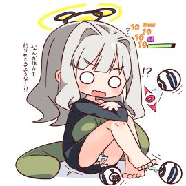 ? barefoot black_shirt blue_archive blunt_bangs blush commentary_request female full_body grey_hair halo hana_kazari hare_(blue_archive) highres knees_up long_hair long_sleeves looking_at_viewer o_o open_mouth panties shirt simple_background sitting solo underwear wavy_mouth white_background white_panties yellow_halo