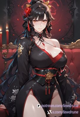 ai_generated amber_eyes azur_lane black_hair curvy_body dog_ears large_breasts lewdrune long_ponytail pale_skin takao_(azur_lane)