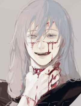 bleeding blood_on_face blue_eyes blue_hair eyelashes grey_background hand_on_own_neck heterochromia highres jujutsu_kaisen long_hair mahito_(jujutsu_kaisen) male male_focus nonockha portrait stitched_arm stitched_face stitched_neck stitches yellow_eyes