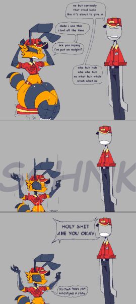 1boy 1girls 3_panel_comic abdomen accidental_penetration anal anal_penetration annoyed ass bee black_eyes breasts cap comic constricted_pupils crop_top deep_penetration female huge_thighs impalement insects male midriff object_insertion penetration_through_clothes pizza_bee_(xexeezy) pizza_delivery_carrier red_clothing shaking sitting speech_bubble stool stool_breaking surprised_expression sweat thick thick_thighs thin_waist thong wide_hips xexeezy yellow_body