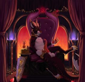 animal_genitalia balls bodily_fluids chair claws collar cum demon feet felid feline feral fur furniture genital_fluids genitals hi_res male mammal paws penis sheath tapering_penis thejoyfuldragon throne