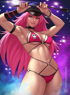 1girls abs armband arms_up armwear bikini biting_lip cap capcom choker female final_fight long_hair looking_at_viewer military_hat peaked_cap pink_hair poison_(final_fight) skimpy_bikini skindentation street_fighter strong_female suddakka swimsuit swimwear toned toned_abs toned_female ultra_street_fighter_iv
