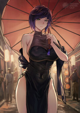 1girls black_hair breasts child_bearing_hips china_dress chinese_clothes chinese_dress female female_focus female_only frozenspiderlily genshin_impact grey_eyes hair hip_windows holding holding_object holding_umbrella large_breasts light-skinned_female light_skin looking_at_viewer qipao short_hair sideboob smile smiling smiling_at_viewer tagme thick_thighs thighs umbrella wide_hips yelan_(genshin_impact)