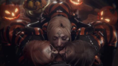1boy 3d 3girls animated bela_(resident_evil) big_ass big_penis bitch black_hair blonde_hair blowjob blowjob_sandwich bodysuit cassandra_(resident_evil) curvy_female daniela_(resident_evil) female gifdoozer halloween horny_female huge_cock latex_bodysuit latex_clothing male pale-skinned_female penis pumpkin red_hair resident_evil resident_evil_8:_village slut sluts straight sucking sucking_penis tagme tight_clothing triple_blowjob video