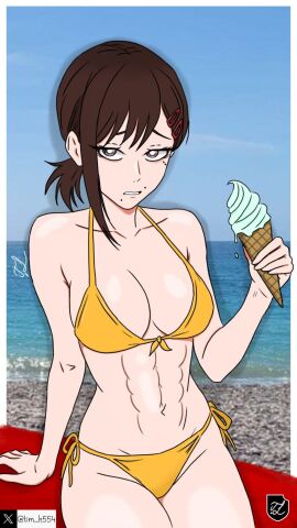 background beach bikini brown_hair chainsaw_man female higashiyama_kobeni ice_cream kobeni_higashiyama logo muscular muscular_female realistic_background signature six_pack solo tagme tim_heyderich twitter_username yellow_bikini