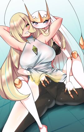 2girls aqua_hair armpits arms_up bikini bikini_top_only black_bikini blonde_hair blush closed_mouth creature female furry furry_female furry_with_non-furry gem gen_7_pokemon green_eyes hair_over_one_eye highres interspecies kenron_toqueen long_eyelashes long_hair lusamine_(pokemon) multicolored_hair nintendo parted_lips pheromosa pokemon pokemon_(creature) pokemon_(species) pokemon_sm pokephilia purple_eyes see-through_clothes smile spread_legs swimsuit turtleneck ultra_beast yuri