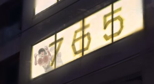 1boy against_glass breast_press breasts breasts_on_glass breasts_out building closed_eyes female from_outside green_hair hand_on_glass highres idolmaster idolmaster_(classic) kumako_(kumakonoh) large_breasts male office otonashi_kotori outdoors sex sex_from_behind short_hair standing straight window