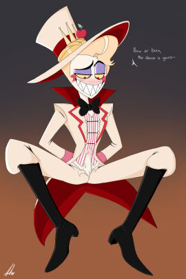 1boy 2d artist_name artist_request blonde_hair boots bowtie clothed clothed_male color demon dialogue english_text erect_penis full_color grin half-closed_eyes hat hazbin_hotel knee_boots looking_at_penis looking_down lucifer_morningstar_(hazbin_hotel) male male_only penis penis_out sharp_teeth solo tagme tagme_(artist) text top_hat variant_set