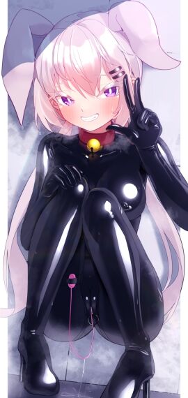 1girls animal_ears bell black_bodysuit blush bodysuit collar collarbone colored_eyelashes covered_collarbone covered_nipples crotch_zipper female female_focus female_only grin hair_ornament hairclip high_heels highres jpg latex latex_bodysuit latex_suit long_hair looking_at_viewer maguro27 neck_bell nipple_piercing nipples original piercing purple_eyes pussy pussy_juice rabbit_ears sex_toy shiny_clothes shiraishi_(maguro27) skin_tight smile solo squatting sweat v vibrator vibrator_cord vibrator_in_thigh_strap white_hair zipper