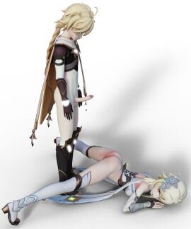 1boy 1girls 3d aether_(genshin_impact) alpha_channel artist_request blender blonde_hair boots bottomless brother_and_sister female genshin_impact imminent_penetration incest lumine_(genshin_impact) male mihoyo naked penis sex siblings source_request straight transparent_background twincest uncensored