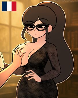 1girls breasts female france_(what_if_animation) french_female french_flag glasses large_breasts librarian library male national_personification noir_(what_if_animation) original patreon patreon_link patreon_url touching_breast unseen_male_face what_if_animation_(artist)