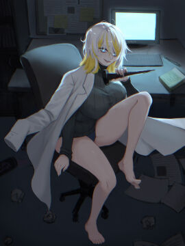 1girls big_breasts breasts clothing coat dyed_hair faust_(limbus_company) female female_only legs_up limbus_company looking_at_viewer panties project_moon sitting smile the_one_who_grips_faust_(limbus_company) thick_thighs turtleneck white_hair