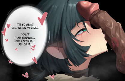 1boy animal_ears black_background dark-skinned_male dark_skin english_text erection female from_side green_eyes green_hair heart highres jane_doe_(zenless_zone_zero) lipstick_mark lipstick_mark_on_penis male mouse_ears penis penis_awe penis_on_face pitespear portrait simple_background solo_focus straight sweat uncensored zenless_zone_zero