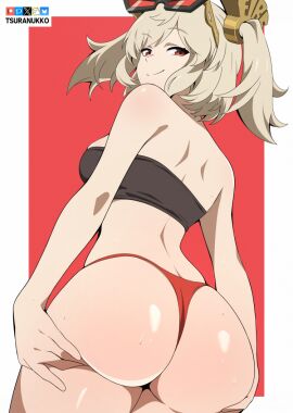 1girls ass ass_focus ass_support back_view big_ass blonde_hair burnice_white butt closed_mouth female female_focus female_only glasses glasses_on_head grabbing_own_ass highres holding_ass light-skinned_female light_skin looking_at_viewer looking_back nice_ass red_eyes simple_background smile smiling smiling_at_viewer smug smug_smile thick_thighs thong tsuranukko twintails zenless_zone_zero