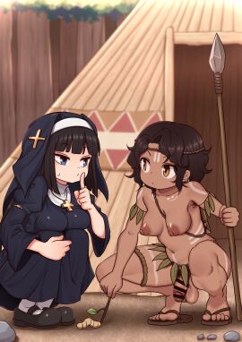 1futa 1girls armpit_hair balls bar_censor black_hair blue_eyes bodypaint breasts brown_eyes bug casual_nudity censored dark-skinned_female dark-skinned_futa dark_skin duo female female_pubic_hair flaccid futanari highres holding holding_polearm holding_weapon human hut intersex lemon_snail light-skinned_female light_skin long_hair mary_janes medium_breasts multiple_females multiple_girls navel nipples nun original paid_reward_available penis polearm pubic_hair sandals sexually_ignorant shoes short_hair socks spear spread_legs squatting straight_hair sweatdrop testicles tiptoes tribal veil weapon white_socks