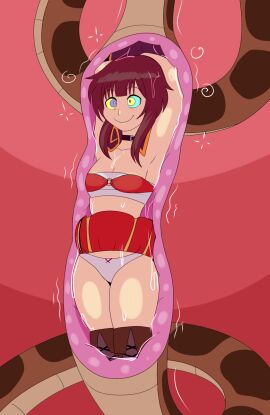armpits arms_above_head brown_hair choker female female_prey femsub feral feral_pred flat_chest happy_trance human_prey hypnosis kaa kaa_eyes kono_subarashii_sekai_ni_shukufuku_wo! male maledom megumin mind_control miniskirt panties plsgts short_hair skirt skirt_flip smile snake snake_vore the_jungle_book thick_thighs thighhighs tubetop vore x-ray