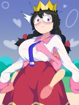 1boy 1girls 2024 black_hair blush breasts clothing confusedsabron crown cumby_(minus8) dress duo female female_focus glasses grabbing grabbing_from_behind grope groping groping_breasts groping_from_behind hair_ribbon kirby kirby_(series) kirby_64 kirby_boy larger_female male nintendo oversized_clothes pink_hair queen_ripple shoes smaller_male standing twin_braids