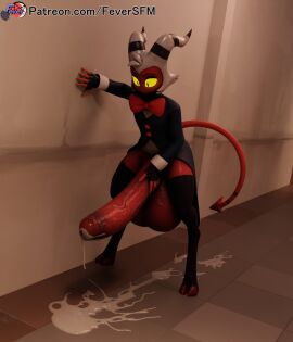 2024 2_horns 3d_(artwork) 5_fingers balls big_balls big_penis bodily_fluids bow_tie clothing cum cum_on_ground demon digital_media_(artwork) eyebrows feversfm fingers genital_fluids genitals glistening glistening_genitalia glistening_penis hair hand_on_penis hellaverse helluva_boss hi_res hooves horn huge_balls huge_cock hyper hyper_balls hyper_genitalia hyper_penis imp legwear male moxxie_(helluva_boss) moxxie_(valorlynz) not_furry penis red_body red_skin solo spade_tail tail text url white_hair yellow_sclera