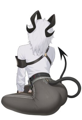 1girls ass ass_focus back_view black_horns black_pants curled_horns demon_horns dial_kasper dialkasper female high-waist_pants horns pants shirt short_hair solo tail tight_clothes tight_pants white_background white_hair wuthering_waves zani_(wuthering_waves)