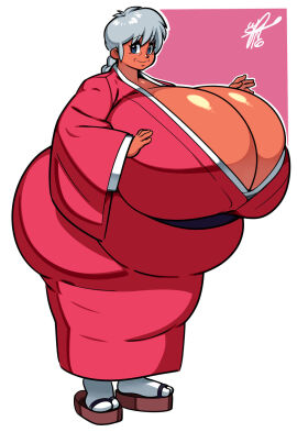 1girls aged_up ass bbw belly big_ass big_belly blue_eyes braided_hair braided_ponytail breasts breasts_bigger_than_ass breasts_bigger_than_torso cleavage codenamebull enormous_breasts fat_ass fat_belly female fully_clothed fully_clothed_female gilf grandmother grey_hair hi_res highres huge_ass huge_breasts kimono large_ass looking_at_viewer massive_breasts older_female overweight overweight_female ranma-chan ranma_1/2 ranma_saotome sandals simple_background solo solo_female tan_skin white_background white_hair wrinkles
