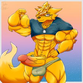 abs balls big_boner big_penis big_tail boner bracelet cum cumming fennec furry glans male muscles muscular muscular_furry naked neckless orange_fur pants pecs penis precum purple_eyes shirt standing_up taiko-sihori tongue tongue_out wearing_glasses