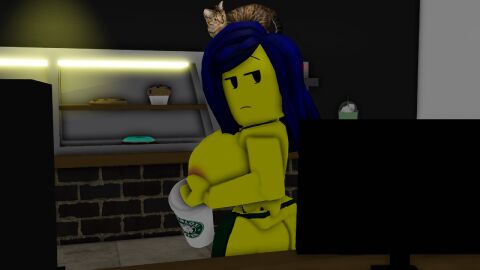 1girls 3d apron apron_only big_breasts blue_hair blueicongd breasts coffee_cup female female_focus female_only femicon_(blueicongd) oc original_character roblox roblox_avatar robloxian thick_thighs yellow_skin yellow_skinned_female