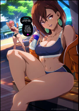 2girls ass ass_hanging_out_of_shorts athletic athletic_female ayase_momo bare_legs bare_thighs belly_button bench big_ass big_breasts breasts brown-haired_female brown_hair bushy_eyebrows cleavage collarbone crossed_bangs dandadan earrings english english_text felox08 female foliage gyaru heroine male nerd netflix offscreen_character offscreen_male outdoors painted_fingernails painted_nails pendant_earring pink-haired_female pink_hair red_eyes selfie shiratori_aira_(dandadan) shorts sitting_on_bench smartphone sports_bra sports_panties sportswear sunshine sweat teenage_female teenager tree water_bottle
