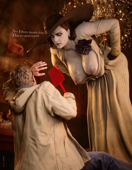 1boy 1girls 3d alcina_dimitrescu angry areolae big_areola big_breasts bow breasts breasts_out breasts_out_of_clothes cleavage clothing clothing_malfunction couple curvy dialogue dress duo ethan_winters female fly_swatter from_below hanging_breasts hat height_difference highres human indoors large_areolae leaning_forward lenith looking_down low-angle_view male mature mature_female milf nipple_slip nipples no_bra pale_skin presenting resident_evil resident_evil_8:_village revealing_clothes seductive sitting standing straight taller_female text text_bubble yellow_eyes