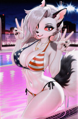 1girls ai_generated american_flag_bikini anthro anthro_female anthro_only ass big_ass big_breasts bikini breasts canid canine canis choker demon demon_girl double_peace_sign ear female furry furry_female furry_only furry_tail goth goth_girl grey_body grey_fur grey_hair hellhound helluva_boss hi_res high_resolution hires lights long_hair looking_at_viewer loona_(helluva_boss) mildlyflirty necklace open_mouth outdoors outside peace_sign pool pool_lights poolside red_sclera sexy_pose solo solo_female swimsuit swimwear tail two-piece_swimsuit two-tone_body two-tone_fur two-tone_tail upscaled wet wet_body wet_fur wet_hair white_body white_eyes white_fur wolf wolf_girl