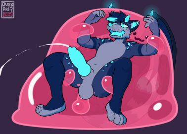 anal anal_sex animal_genitalia animated bat_wings blush blush_lines canid canine canine_genitalia duskari7 ear_piercing furry genitals goo_creature hi_res male male_only mammal membrane_(anatomy) membranous_wings penetration penis piercing slime slime_(blob) slime_penetration slime_penis wings