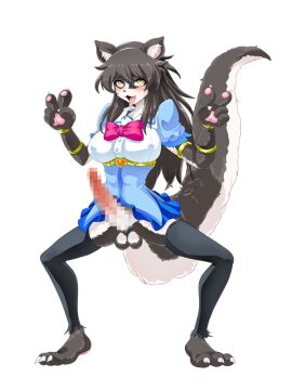 accessory anthro balls barefoot big_breasts big_penis black_body black_fur black_hair blush bodily_fluids bottomwear breasts canid canine canis censored censored_genitalia censored_penis claws clothing corruption cupping_breasts feet female fur futanari genitals gesture grey_body grey_fur hair hand_gesture humanoid intersex jewelry leona_(mgratmd) magical_girl_outfit magical_girl_rika_and_the_monster_dungeon mammal mephitid morumotto2234 navel nipples open_mouth panties pawpads paws penis saliva skirt skunk skunk_tail solo tail toe_claws tongue tongue_out transformation transparent_background underwear v_sign wolf yellow_eyes