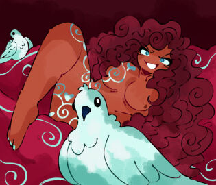 aphrodite aphrodite_(epic_the_musical) bambiilooza bird birds blue_eyes breasts censored censored_pussy dark_pink_hair dark_skin dove doves epic_the_musical female goddess markings milf pink_hair pussy smile