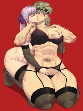 2girls areola areolae ass asta_(black_clover) big_breasts black_clover breasts clothed commission female female_asta female_only genderswap genderswap_(mtf) grabbing grabbing_breasts grabbing_from_behind kissing lesbian_sex light-skinned_female light_skin limn044 lingerie lingerie_only multiple_females multiple_girls muscular muscular_female noelle_silva rule_63 shy thick_ass thick_thighs yuri